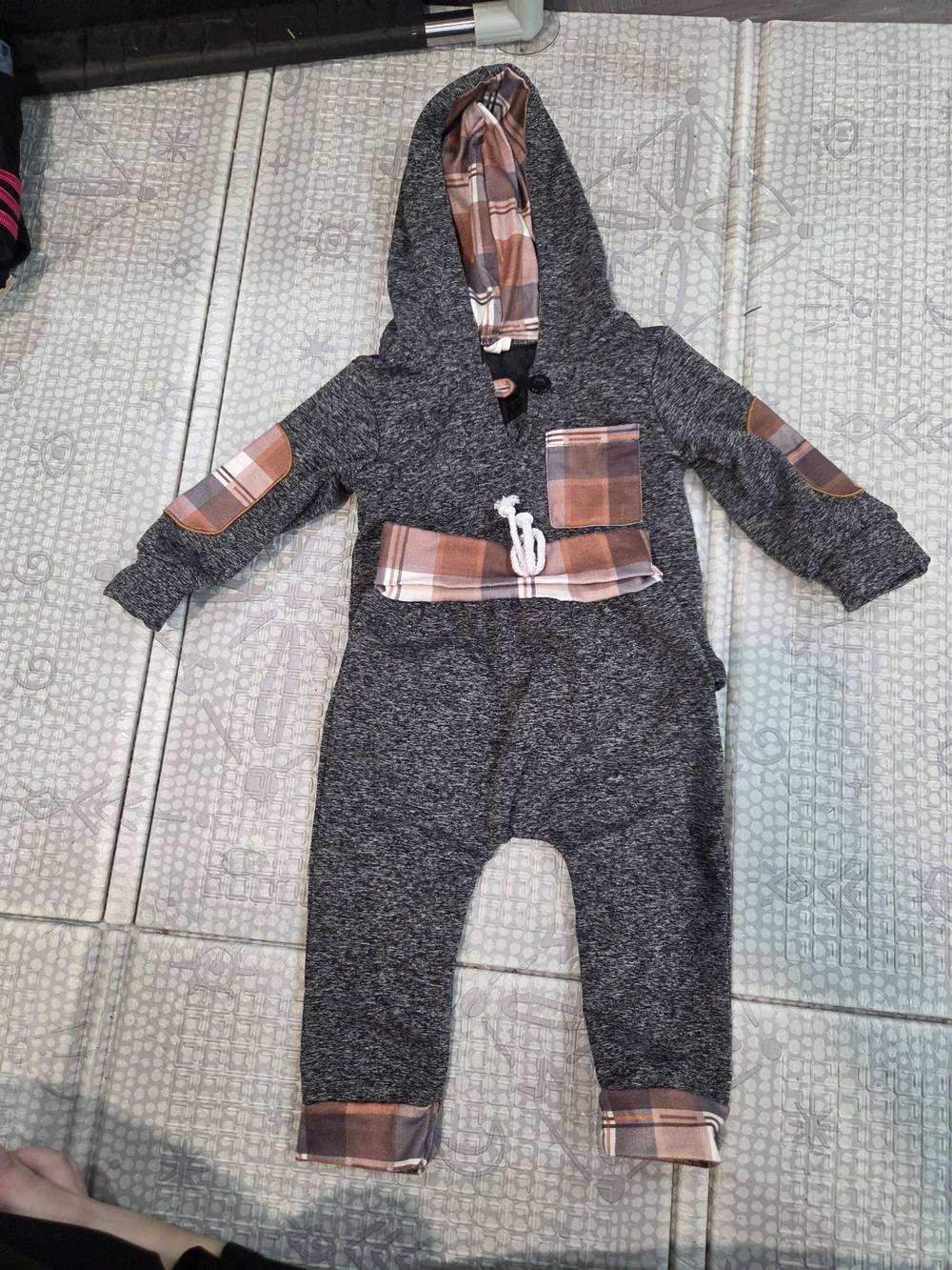 Toddler Hooded Charcoal Outfit with Brown Plaid Trim